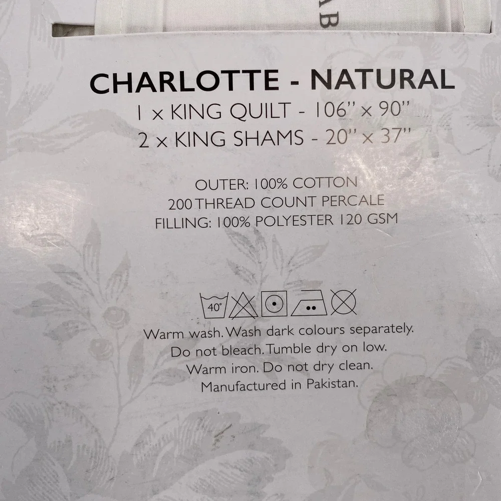 Cabbages & Roses Charlotte Quilt Set King White Natural Floral Cotton Percale
